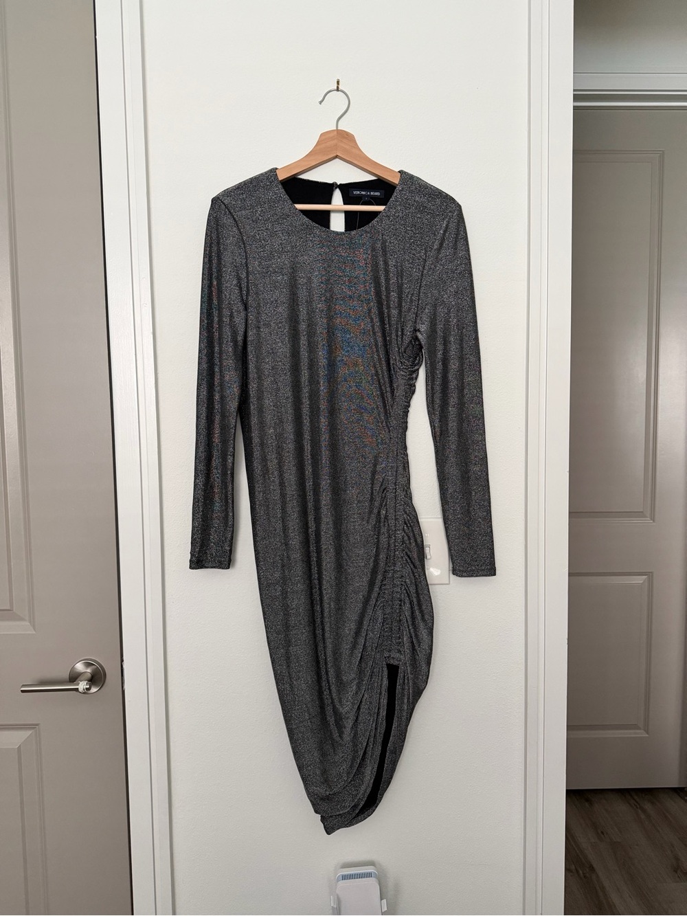 VERONICA BEARD ⢠cyrus metallic silver asymmetrical long sleeve dress